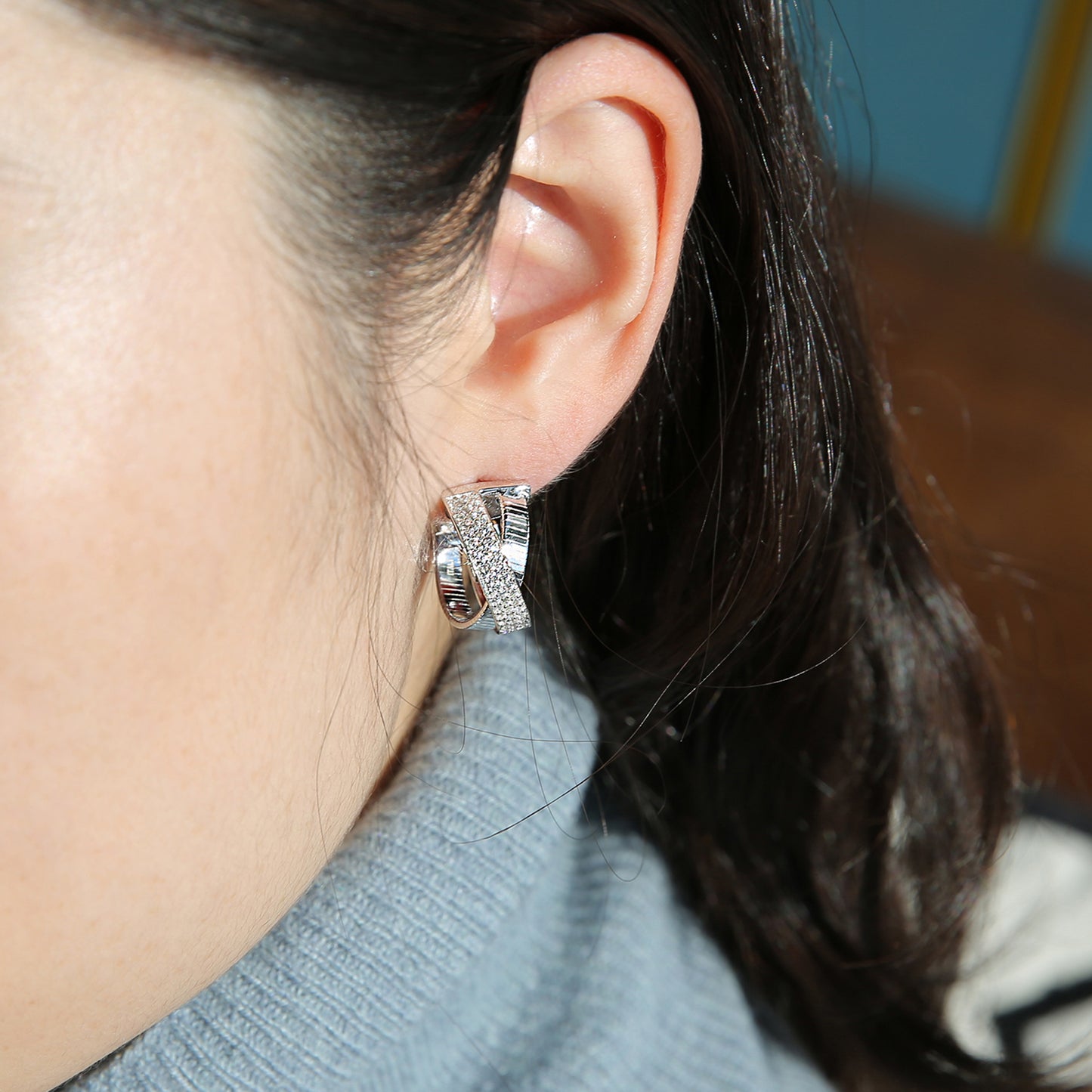 Wide-X Wire Silver Hoop Earrings