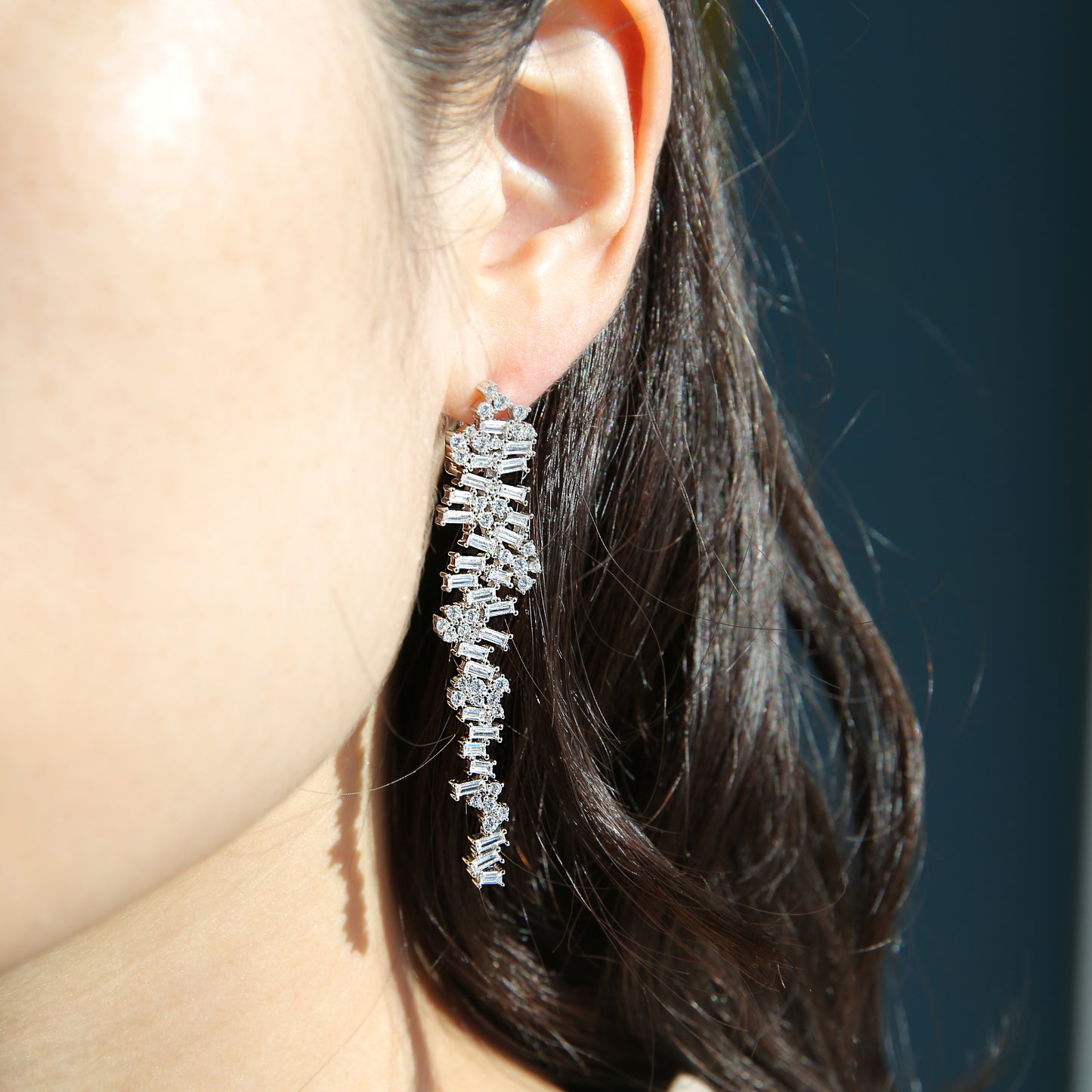 Chandelier long Linear Silver Drop Earrings